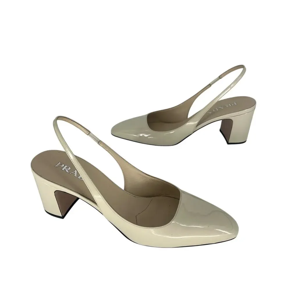 Prada Triangle Logo Patent Leather Slingback Pumps Ivory 40 - Picture 4 of 15